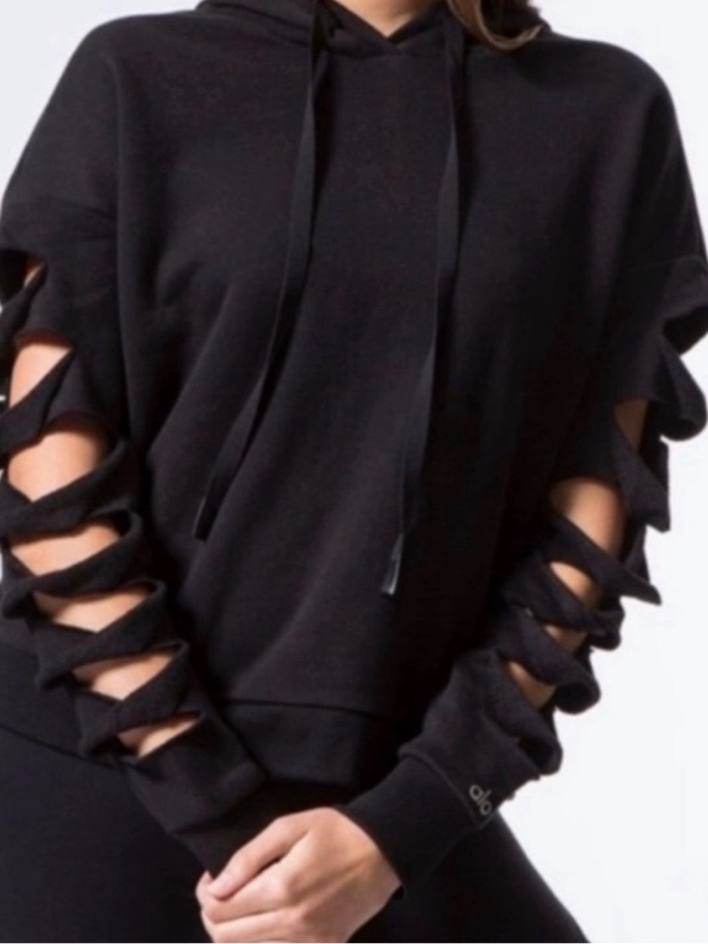 ALO Yoga Black Ladder-Sleeve Hooded Sweatshirt